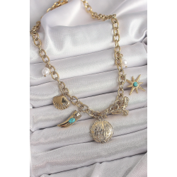 Mey İthalat® 316L Çelik Gold Renk Zincir Sallantılı Çoklu Figür Model Kadın Kolye