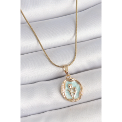 Mey İthalat® 316L Çelik Gold Renk Zincir Turkuaz Mineli Çiçek İşlemeli Portre Model Kadın Kolye