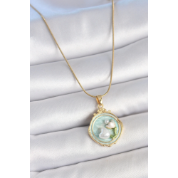 Mey İthalat® 316L Çelik Gold Renk Zincir Turkuaz Mineli İncili Çiçek İşlemeli Portre Model Kadın Kolye