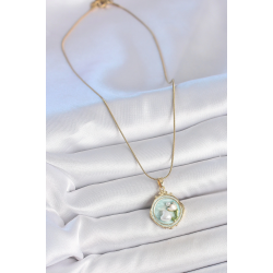 Mey İthalat® 316L Çelik Gold Renk Zincir Turkuaz Mineli İncili Çiçek İşlemeli Portre Model Kadın Kolye