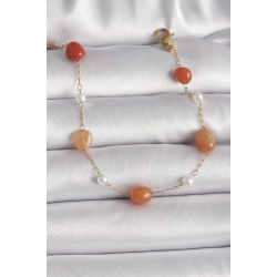 Mey İthalat® 316L Çelik Gold Renk Zincir Turuncu Doğaltaş Model İnci Detay Kadın Bileklik