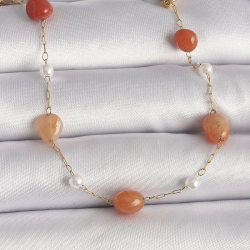 Mey İthalat® 316L Çelik Gold Renk Zincir Turuncu Doğaltaş Model İnci Detay Kadın Bileklik