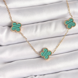 Mey İthalat® 316L Çelik Gold Renk Zincir Yeşil Yonca Model Kadın Kolye