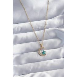 Mey İthalat® 316L Çelik Gold Renk Zincir Zirkon Taş Detay Hilal Yıldızı Figür Kadın Kolye