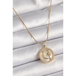 Mey İthalat® 316L Çelik Gold Renk Zincir Zirkon Taş Detaylı Beyaz Sedefli Ay Yıldız Model Kadın Kolye