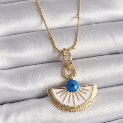 Mey İthalat® 316L Çelik Gold Renk Zincir Zirkon Taş Detaylı Nazar Boncuk Göz Model Kadın Kolye