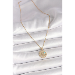 Mey İthalat® 316L Çelik Gold Renk Zincir Zirkon Taş İşlemeli Mavi Taş Detaylı Madalyon Model Kadın Kolye