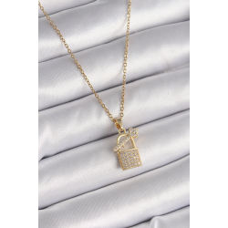 Mey İthalat® 316L Çelik Gold Renk Zincir Zirkon Taşlı Asma Kilit Anahtar Model Kadın Kolye