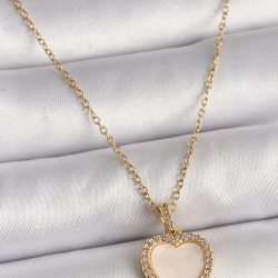 Mey İthalat® 316L Çelik Gold Renk Zincir Zirkon Taşlı Beyaz Mineli Kalp Model Kadın Kolye
