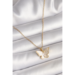 Mey İthalat® 316L Çelik Gold Renk Zincir Zirkon Taşlı Beyaz Mineli Kelebek Model Kadın Kolye