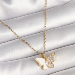 Mey İthalat® 316L Çelik Gold Renk Zincir Zirkon Taşlı Beyaz Mineli Kelebek Model Kadın Kolye