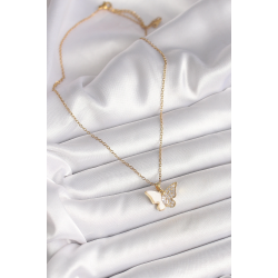 Mey İthalat® 316L Çelik Gold Renk Zincir Zirkon Taşlı Beyaz Mineli Kelebek Model Kadın Kolye