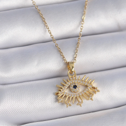 Mey İthalat® 316L Çelik Gold Renk Zincir Zirkon Taşlı Göz Figür Kadın Kolye