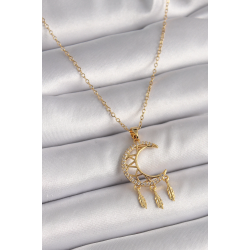 Mey İthalat® 316L Çelik Gold Renk Zincir Zirkon Taşlı Hilal Model Sallantı Yaprak Detay Kadın Kolye