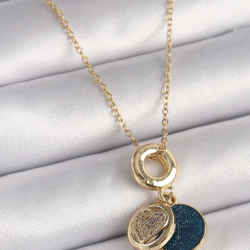 Mey İthalat® 316L Çelik Gold Renk Zincir Zirkon Taşlı Kalp Model Mavi Simli Kadın Kolye