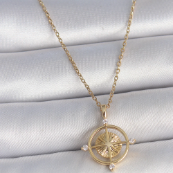 Mey İthalat® 316L Çelik Gold Renk Zincir Zirkon Taşlı Pusula Model Kadın Kolye