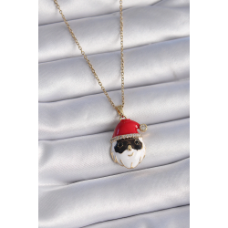 Mey İthalat® 316L Çelik Gold Renk Zincir Zirkon Taşlı Yılbaşı Temalı Noel Baba Figür Kadın Kolye