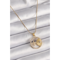Mey İthalat® 316L Çelik Gold Renk Zincir Zirkon Taşlı Yıldız İşleme Madalyon Model Kadın Kolye