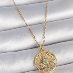 Mey İthalat® 316L Çelik Gold Renk Zincr Mavi Taşlı Lotus Model Kadın Kolye