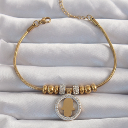 Mey İthalat® 316L Çelik Gold Renk Zirkon Taş Aksesuarlı Fatma Ana Eli Bileklik