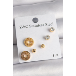 Mey İthalat® 316L Çelik Gold Renk Zirkon Taşı Labirent Model Kadın Küpe Seti