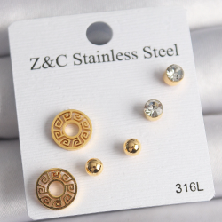 Mey İthalat® 316L Çelik Gold Renk Zirkon Taşı Labirent Model Kadın Küpe Seti