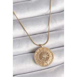 Mey İthalat® 316L Çelik Gold Renk Zirkon Taşlı 12 Burç Madalyon Model Kadın Kolye