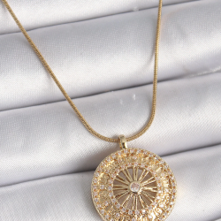 Mey İthalat® 316L Çelik Gold Renk Zirkon Taşlı 12 Burç Madalyon Model Kadın Kolye