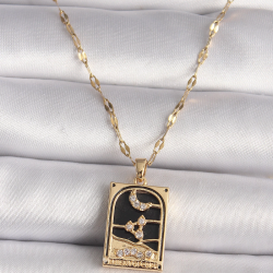 Mey İthalat® 316L Çelik Gold Renk Zirkon Taşlı Ay Figürlü Tarot Model Kadın Kolye