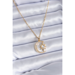 Mey İthalat® 316L Çelik Gold Renk Zirkon Taşlı Ay Yıldız Model Kadın Kolye