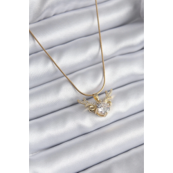 Mey İthalat® 316L Çelik Gold Renk Zirkon Taşlı Boynuz Model Kadın Kolye