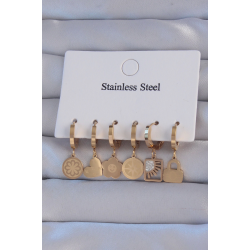 Mey İthalat® 316L Çelik Gold Renk Zirkon Taşlı Çiçek Figürlü Kalp Model Halka Küpe Seti