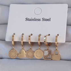 Mey İthalat® 316L Çelik Gold Renk Zirkon Taşlı Çiçek Figürlü Kalp Model Halka Küpe Seti