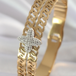 Mey İthalat® 316L Çelik Gold Renk Zirkon Taşlı Çiçek Model Kadın Kelepçe