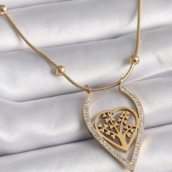 Mey İthalat® 316L Çelik Gold Renk Zirkon Taşlı Detaylı Kalp Fidan Model Kadın Kolye