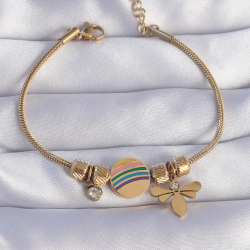 Mey İthalat® 316L Çelik Gold Renk Zirkon Taşlı Gökkuşağı Tasarımlı Yusufçuk Bileklik