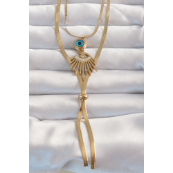 Mey İthalat® 316L Çelik Gold Renk Zirkon Taşlı Göz Detay Nazarlı Uzun Asansör Model Kolye