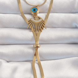 Mey İthalat® 316L Çelik Gold Renk Zirkon Taşlı Göz Detay Nazarlı Uzun Asansör Model Kolye