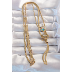 Mey İthalat® 316L Çelik Gold Renk Zirkon Taşlı Göz Detay Nazarlı Uzun Asansör Model Kolye