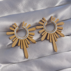 Mey İthalat® 316L Çelik Gold Renk Zirkon Taşlı Güneş Figürlü Küpe