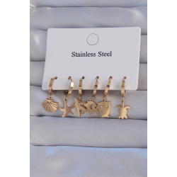 Mey İthalat® 316L Çelik Gold Renk Zirkon Taşlı Hayvan Figürlü Deniz Yıldızı Model Halka Küpe Seti