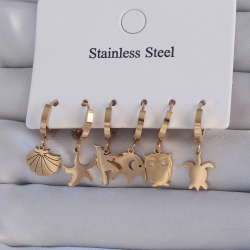 Mey İthalat® 316L Çelik Gold Renk Zirkon Taşlı Hayvan Figürlü Deniz Yıldızı Model Halka Küpe Seti