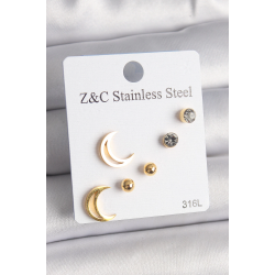 Mey İthalat® 316L Çelik Gold Renk Zirkon Taşlı Hilal Model Kadın Küpe Seti