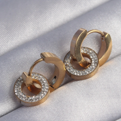 Mey İthalat® 316L Çelik Gold Renk Zirkon Taşlı İç İçe Geçmeli Oval Küpe