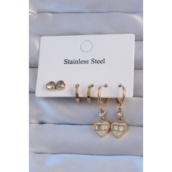 Mey İthalat® 316L Çelik Gold Renk Zirkon Taşlı Kalp Model Halka Küpe Seti