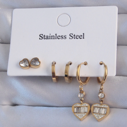 Mey İthalat® 316L Çelik Gold Renk Zirkon Taşlı Kalp Model Halka Küpe Seti