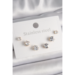 Mey İthalat® 316L Çelik Gold Renk Zirkon Taşlı Kalp Model Kadın Küpe Seti