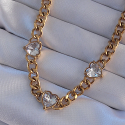 Mey İthalat® 316L Çelik Gold Renk Zirkon Taşlı Kalp Model Zincir Kolye