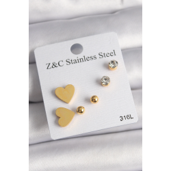 Mey İthalat® 316L Çelik Gold Renk Zirkon Taşlı Kalpli Kadın Küpe Seti