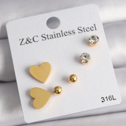 Mey İthalat® 316L Çelik Gold Renk Zirkon Taşlı Kalpli Kadın Küpe Seti
